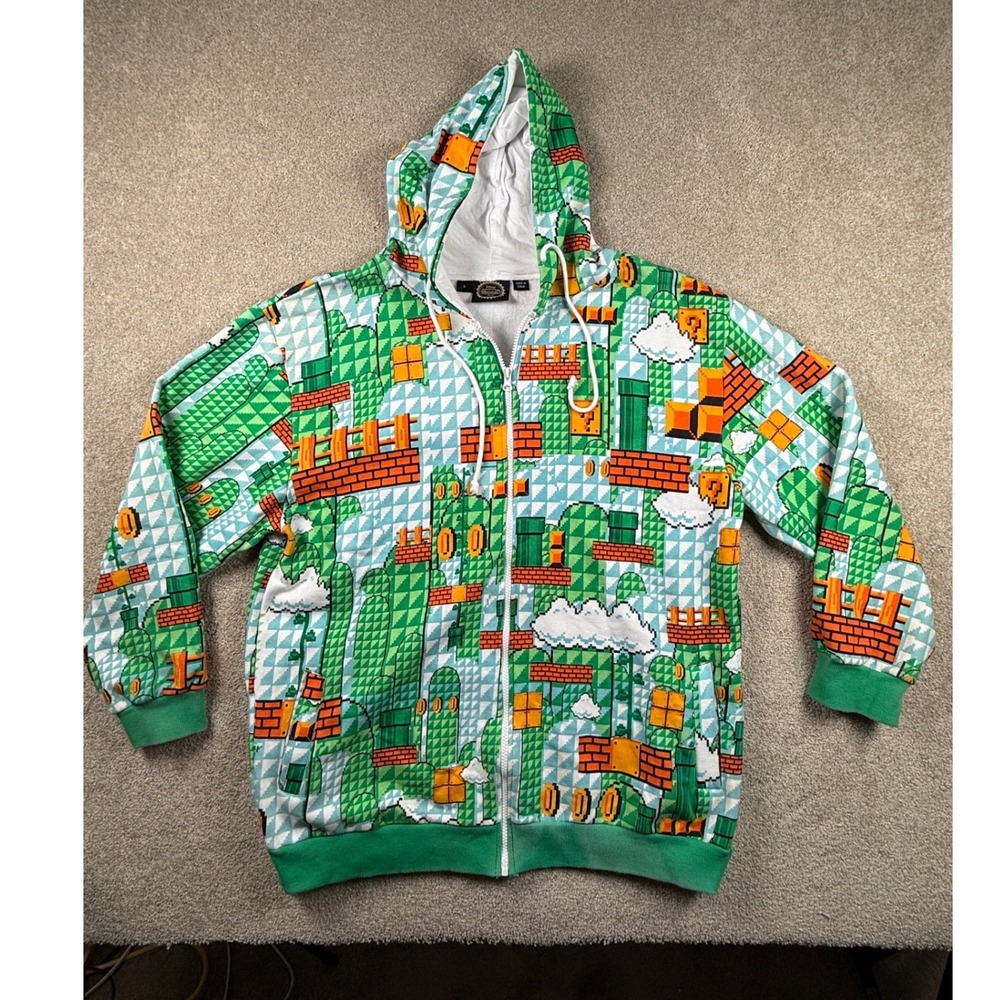 Nintendo Super Mario Bros All Over Print Zip Hoodie Mens Large World 1-1 Pixel